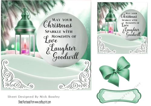 Pretty scene card front (turq) of  snow/candle lamp and verse 7x7