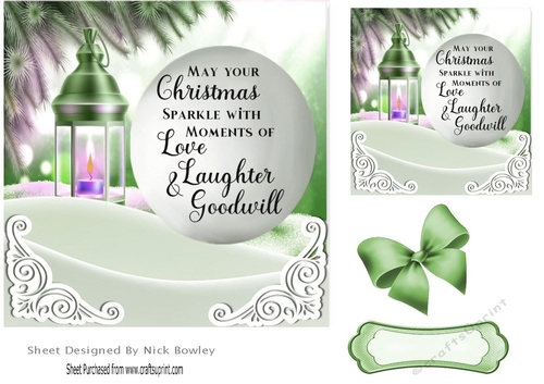 Pretty scene card front (green) of  snow/candle lamp and verse 7x7