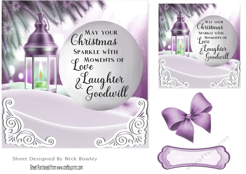 Pretty scene card front (lilac) of  snow/candle lamp and verse 7x7