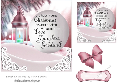 Pretty scene card front (pink) of  snow/candle lamp and verse 7x7