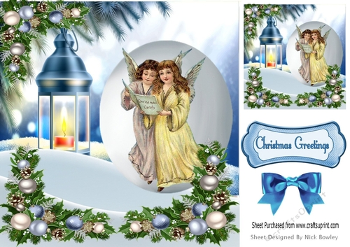 Pretty snow scene with lamp and vintage angels 8x8