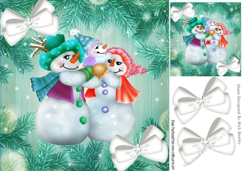 Lovely snowman family in turq fern frame/diamond bows 8x8