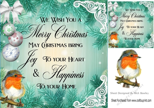 Turq fern with baubles,robin, and verse card front 8x8