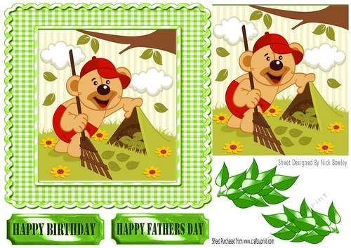Mr Teddy gardening, with leaves card front 7x7