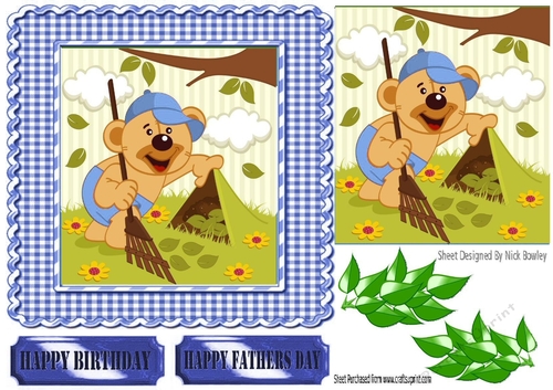 Mr Teddy gardening, with leaves card front 7x7 (blue)