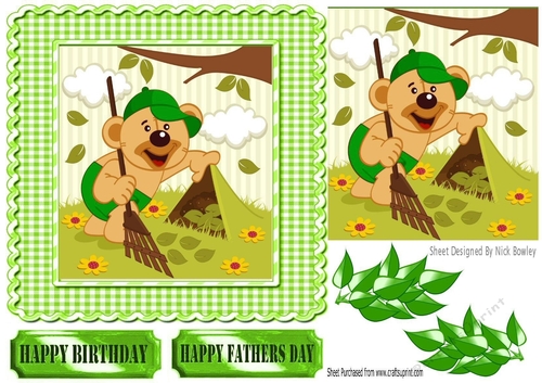 Mr Teddy gardening, with leaves card front 7x7 (green)