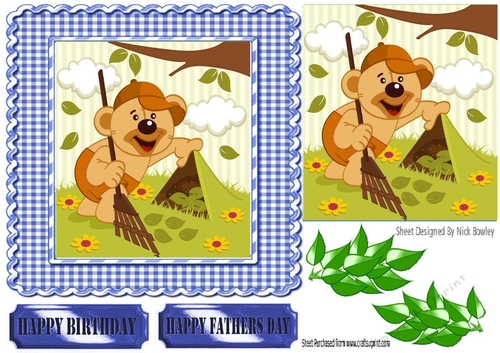 Mr Teddy gardening, with leaves card front 7x7 (brown)