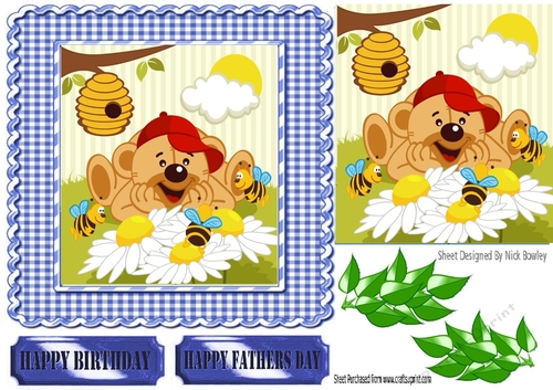 Mr Teddy watching the bees in the garden with leaves card front 7x7 (blue)