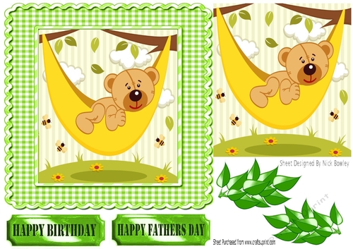 Mr Teddy having a snooze in the garden  with leaves card front 7x7 (green)