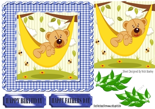 Mr Teddy having a snooze in the garden  with leaves card front 7x7 (blue)