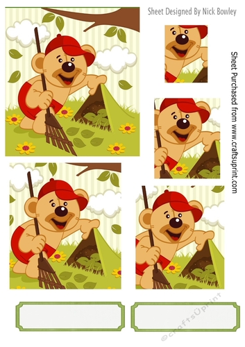Mr Teddy gardening in green frame, with leaves square pyramids (red)