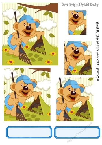 Mr Teddy gardening in green frame, with leaves square pyramids (blue)