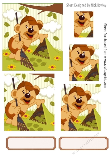Mr Teddy gardening in green frame, with leaves square pyramids (brown)