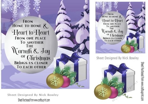 Snow on trees christmas scene with verse  card front 7x7 (purple)