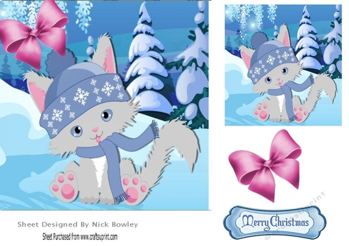 Cute kitty all wrapped up for winter in blue 7x7