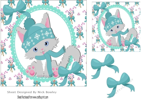 cute kitty in turq in scalloped oval frame with bows 7x7