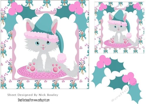  Grey Kitty in a  turq santa hat sat on a mat 7x7