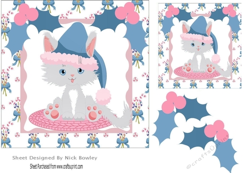 Grey Kitty in a blue santa hat sat on a mat 7x7