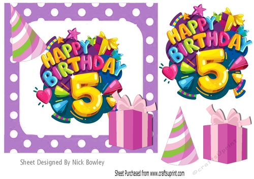 5th Birthday in funky purple polkadot frame with present 7x7