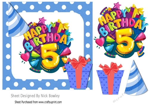5th Birthday in funky blue polkadot frame with present 7x7