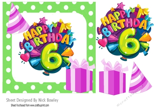 6th Birthday in funky green polkadot frame with present 7x7