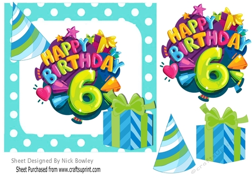 6th Birthday in funky turq polkadot frame with present 7x7