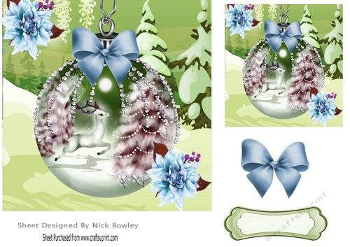 Pretty festive bauble with deer, diamonds, and  blue bow 7x7