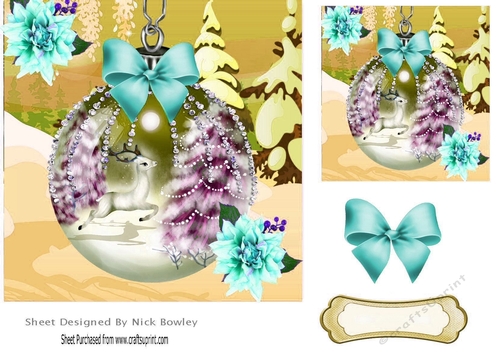 Pretty festive bauble with deer, diamonds, and turq bow 7x7
