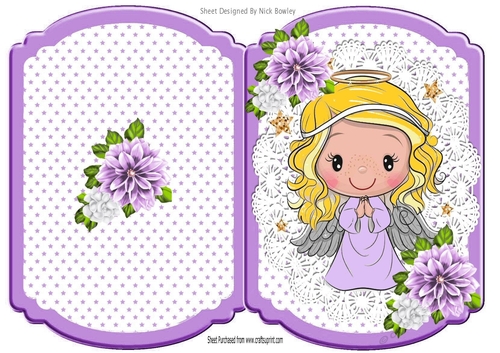 Pretty angel on star bracket card with purple flowers