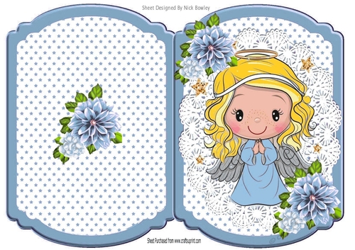 Pretty angel on star bracket card with blue flowers