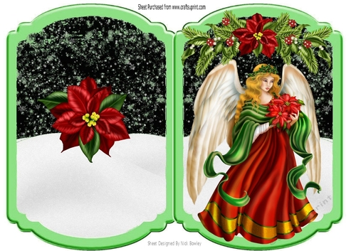 Angel in gold and red bracket card with poinsettias