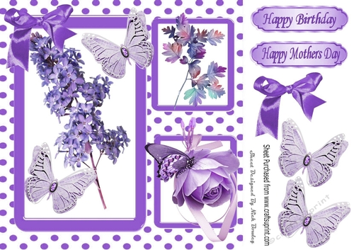 Pretty purple flowers in polkadot window frame 8x8