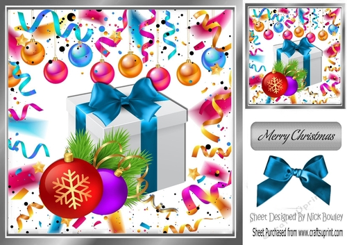 Festive card front 8x8 wih decorations and present
