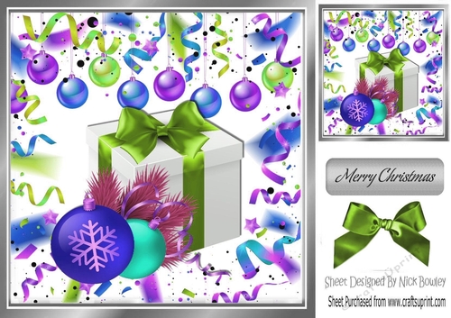 Festive card front 8x8 wih decorations and present with green bow