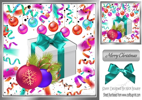 Festive card front 8x8 wih decorations and present with turq bow