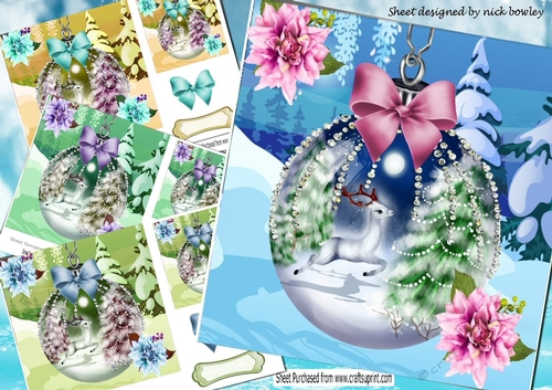  4 Pretty festive baubles with deers, diamonds, and bows 7x7 mini kit