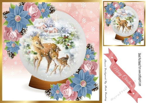 pretty snow dome woth deer and corner roses with poinsettias 8x8