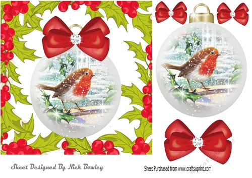 Robin in a snow bauble with red bows in holly frame 7x7