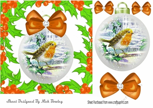 Robin in a snow bauble with orange bows in holly frame 7x7
