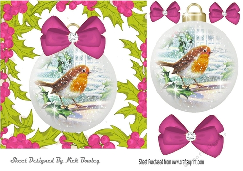 Robin in a snow bauble with pink bows in holly frame 7x7