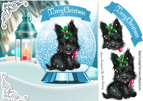 Cute scottie dog in snow globe with lantern 8x8 (turq)