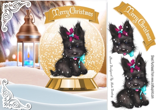 Cute scottie dog in snow globe with lantern 8x8 (gold)