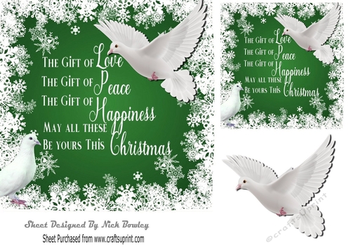 Pretty white doves in  green snow flake 7x7 frame with verse