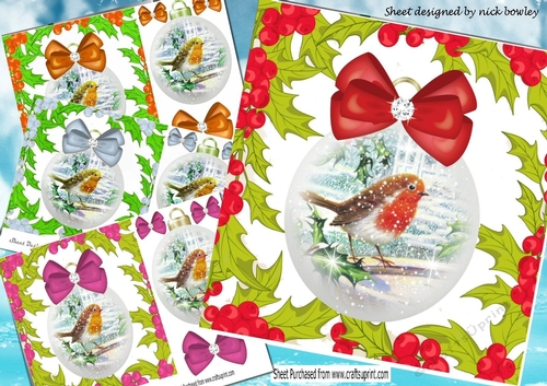  4 Robin card fronts in snow baubles with bows in holly frame 7x7 mini kit