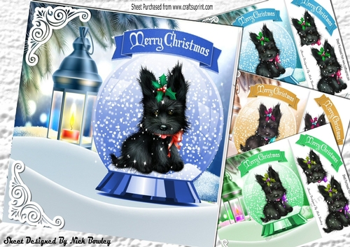  4 Cute scottie dogs in snow globes with lantern 8x8 card fronts mini kit