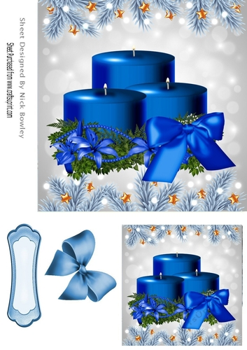 Pretty blue festive candles in holly frame with blue bow 7x7