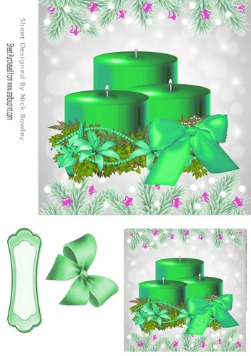 Pretty green festive candles in holly frame with green bow 7x7