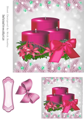 Pretty pink festive candles in holly frame with pink bow 7x7