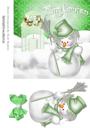 Snowman with lantern &  green bow 7x7