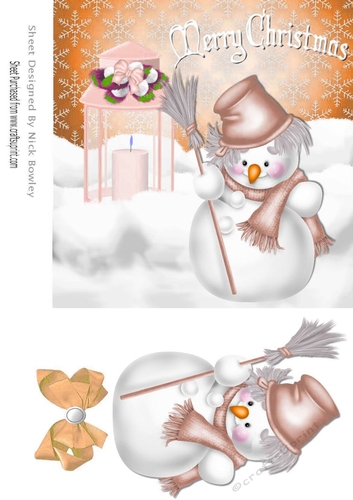 Snowman with lantern & orange bow 7x7